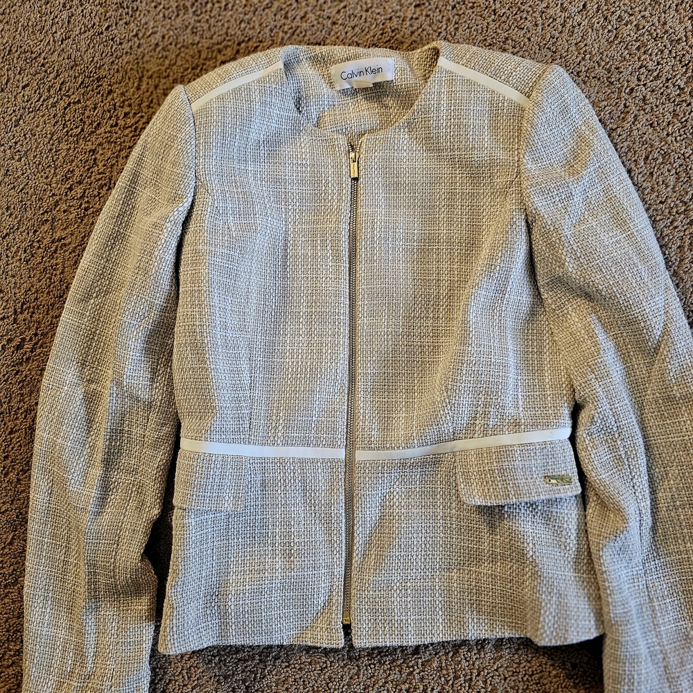 Calvin Klein Women's Textured Tan Gold And White Blazer